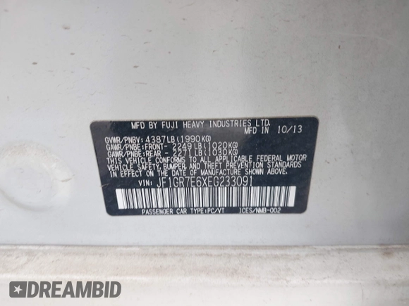 2014 Subaru WRX WRX with VIN JF1GR7E6XEG233091, listed as a IAAI auction lot 42192718 with Not provided miles and . Bid and sale history available at DreamBid. Image 9.