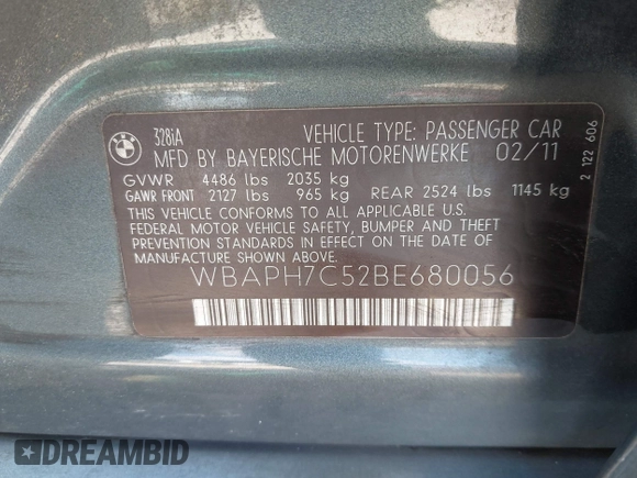 2011 BMW 3 Series 328i with VIN WBAPH7C52BE680056, listed as a IAAI auction lot 42469477 with 218,464 mi miles and . Bid and sale history available at DreamBid. Image 9.