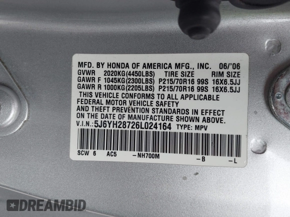 2006 Honda Element EX-P with VIN 5J6YH28726L024164, listed as a IAAI auction lot 41882027 with 210,167 mi miles and . Bid and sale history available at DreamBid. Image 9.