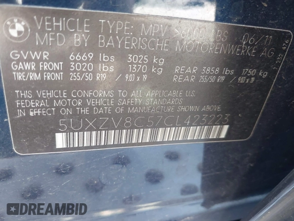 2012 BMW X5 50i with VIN 5UXZV8C57CL423223, listed as a IAAI auction lot 42606594 with 94,695 mi miles and . Bid and sale history available at DreamBid. Image 9.