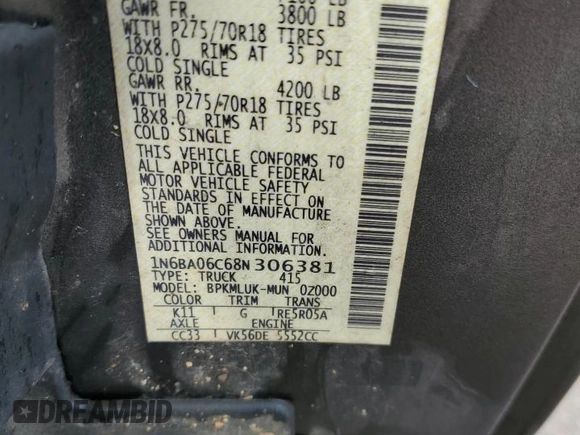2008 Nissan Titan XE z VIN 1N6BA06C68N306381, wystawiony jako Copart lot #44445615 z przebiegiem 163 225 mil mil oraz Szkoda całkowita • Salvage title. Historia ofert i sprzedaży dostępna na DreamBid. Obrazek 12.