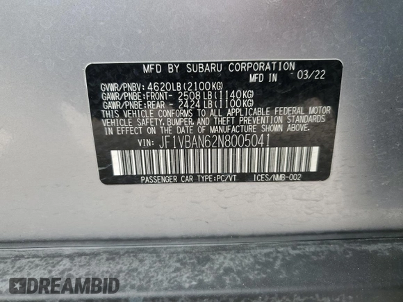 2022 Subaru WRX Limited with VIN JF1VBAN62N8005041, listed as a Copart auction lot 87932955 with 33,020 mi miles and Salvage Title. Bid and sale history available at carsss.com. Image 12.