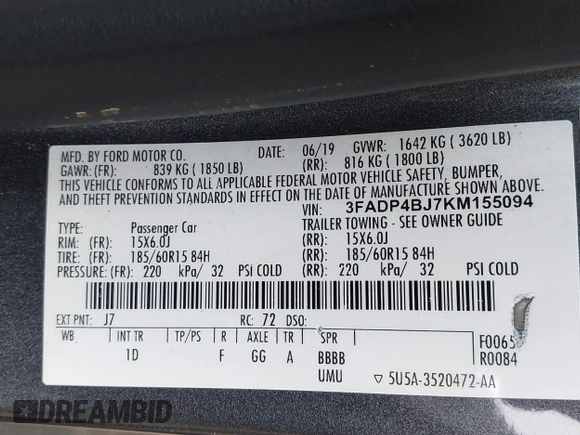 2019 Ford Fiesta SE z VIN 3FADP4BJ7KM155094, wystawiony jako IAAI lot #42186126 z przebiegiem 93 684 mil mil oraz . Historia ofert i sprzedaży dostępna na DreamBid. Obrazek 9.