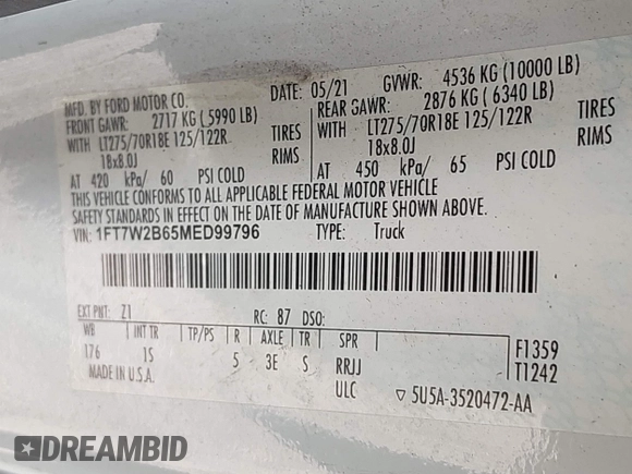 2021 Ford F-250 XL with VIN 1FT7W2B65MED99796, listed as a IAAI auction lot 41954448 with Not provided miles and . Bid and sale history available at DreamBid. Image 9.