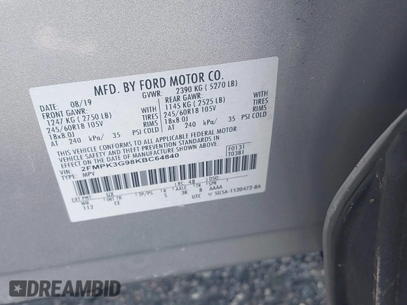2019 Ford Edge SE with VIN 2FMPK3G98KBC64840, listed as a IAAI auction lot 42552435 with 70,391 mi miles and . Bid and sale history available at DreamBid. Image 9.