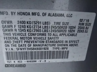 2019 Honda Passport EX-L with VIN 5FNYF7H58KB001928, listed as a IAAI auction lot 41862168 with 102,743 mi miles and . Bid and sale history available at carsss.com. Image 9.