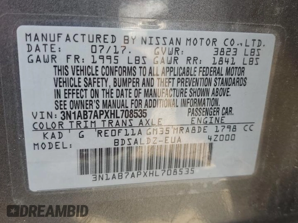 2017 Nissan Sentra SR with VIN 3N1AB7APXHL708535, listed as a Copart auction lot 65330554 with 50,522 mi miles and Salvage Title. Bid and sale history available at DreamBid. Image 13.