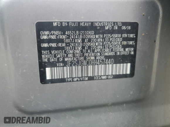 2017 Subaru Forester Touring with VIN JF2SJGWC0HH457440, listed as a Copart auction lot 52962175 with Not provided miles and Salvage title. Bid and sale history available at DreamBid. Image 16.