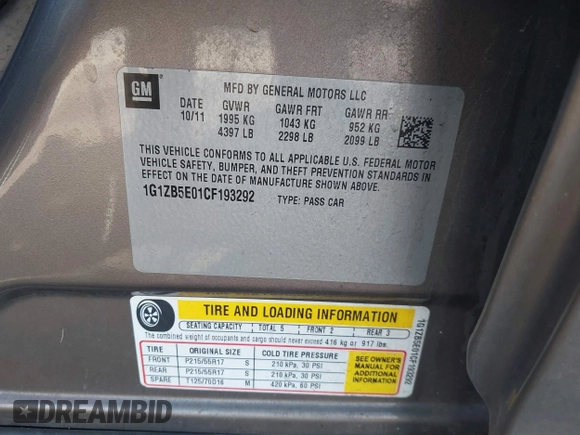 2012 Chevrolet Malibu 1LS with VIN 1G1ZB5E01CF193292, listed as a IAAI auction lot 42146689 with 240,073 mi miles and . Bid and sale history available at DreamBid. Image 9.