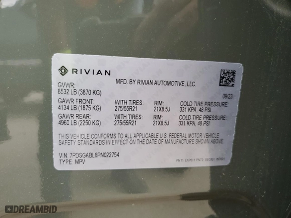 2023 Rivian R1S Launch Edition with VIN 7PDSGABL6PN022754, listed as a Copart auction lot 76849534 with 1,576 mi miles and Salvage Title. Bid and sale history available at carsss.com. Image 13.