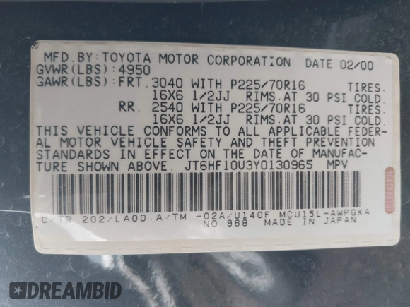 2000 Lexus RX with VIN JT6HF10U3Y0130965, listed as a IAAI auction lot 42177406 with Not Provided miles. Bid and sale history available at carsss.com. Image 9.