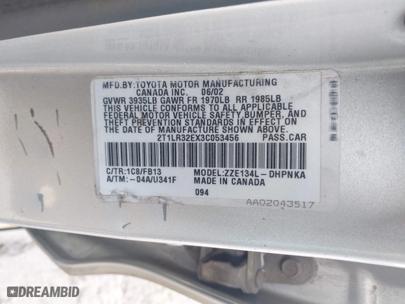 2003 Toyota Matrix Std with VIN 2T1LR32EX3C053456, listed as a IAAI auction lot 41981244 with 0 mi miles. Bid and sale history available at carsss.com. Image 9.