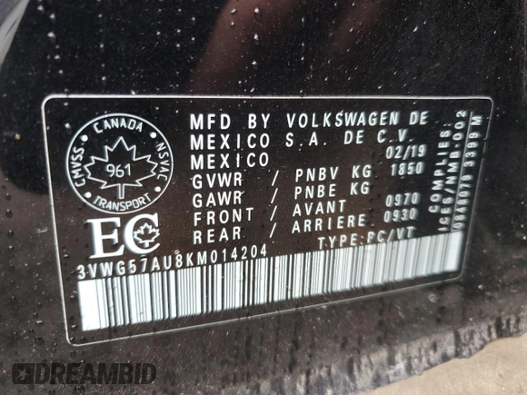 2019 Volkswagen Golf S z VIN 3VWG57AU8KM014204, wystawiony jako Copart lot #55767825 z przebiegiem 64 732 mil mil oraz Nie do naprawy • Non repairable. Historia ofert i sprzedaży dostępna na DreamBid. Obrazek 13.