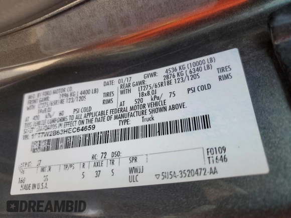 2017 Ford Super Duty F-250 SRW Lariat with VIN 1FT7W2B63HEC64659, listed as a Copart auction lot 46911295 with 147,237 mi miles and Salvage Title. Bid and sale history available at carsss.com. Image 14.