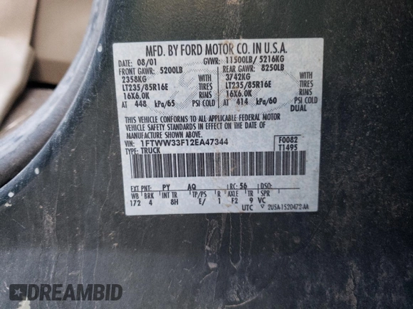 2002 Ford F-350 XL z VIN 1FTWW33F12EA47344, wystawiony jako Copart lot #81088084 z przebiegiem Nie podano mil oraz Szkoda całkowita • Salvage title. Historia ofert i sprzedaży dostępna na DreamBid. Obrazek 13.