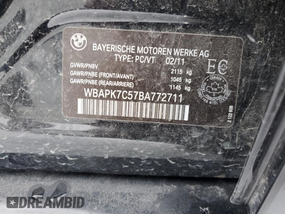 2011 BMW 3 Series 328i xDrive with VIN WBAPK7C57BA772711, listed as a Copart auction lot 80191064 with 0 mi miles and Salvage Title. Bid and sale history available at carsss.com. Image 13.
