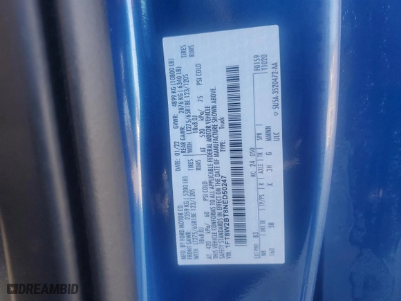 2022 Ford Super Duty F-250 SRW XL with VIN 1FT8W2BT8NED50247, listed as a Copart auction lot 50741325 with 44,381 mi miles and Salvage Title. Bid and sale history available at carsss.com. Image 14.