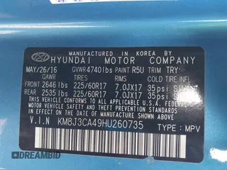 2017 Hyundai Tucson SE with VIN KM8J3CA49HU260735, listed as a IAAI auction lot 41869905 with 40,877 mi miles. Bid and sale history available at carsss.com. Image 9.