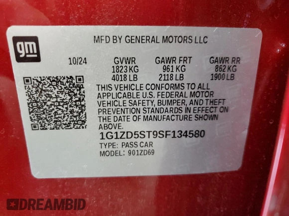 2025 Chevrolet Malibu LT with VIN 1G1ZD5ST9SF134580, listed as a Copart auction lot 54842265 with 12,631 mi miles and Non Repairable. Bid and sale history available at DreamBid. Image 13.