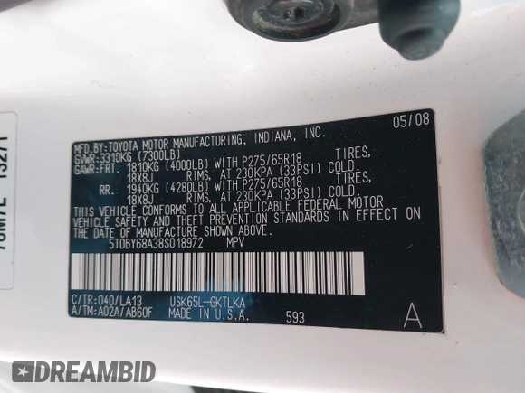 2008 Toyota Sequoia Limited with VIN 5TDBY68A38S018972, listed as a IAAI auction lot 42076036 with 208,053 mi miles and . Bid and sale history available at DreamBid. Image 9.