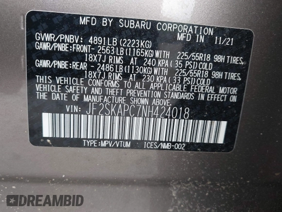 2022 Subaru Forester Limited с VIN JF2SKAPC7NH424018, выставлен на аукционе IAAI как лот 42231739 с пробегом 22 552 миль миль и . История ставок и продаж доступна на DreamBid. Изображение 9.