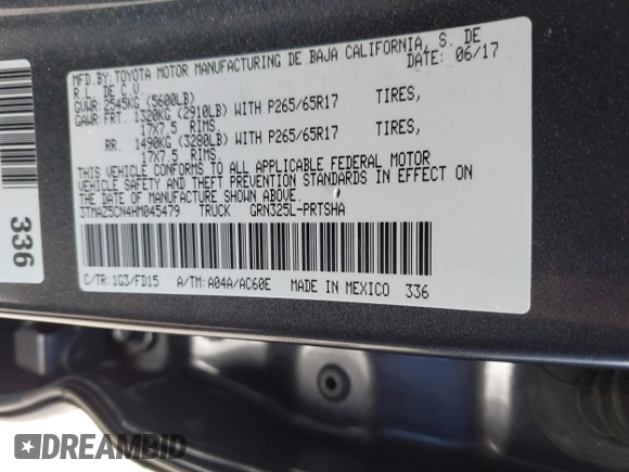2017 Toyota Tacoma SR5 with VIN 3TMAZ5CN4HM045479, listed as a IAAI auction lot 41666539 with 44,758 mi miles and . Bid and sale history available at carsss.com. Image 9.