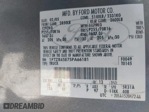 2005 Ford Ranger XLT with VIN 1FTZR45E75PA66181, listed as a IAAI auction lot 41804264 with 169,261 mi miles and . Bid and sale history available at DreamBid. Image 9.