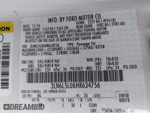 2017 Lincoln MKZ Hybrid Select with VIN 3LN6L5LU6HR634756, listed as a IAAI auction lot 41455406 with 91,995 mi miles and . Bid and sale history available at DreamBid. Image 9.
