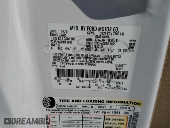 2011 Ford F-150 XL with VIN 1FTFW1CF8BKD30507, listed as a Copart auction lot 58168885 with 179,425 mi miles and Salvage title. Bid and sale history available at DreamBid. Image 12.