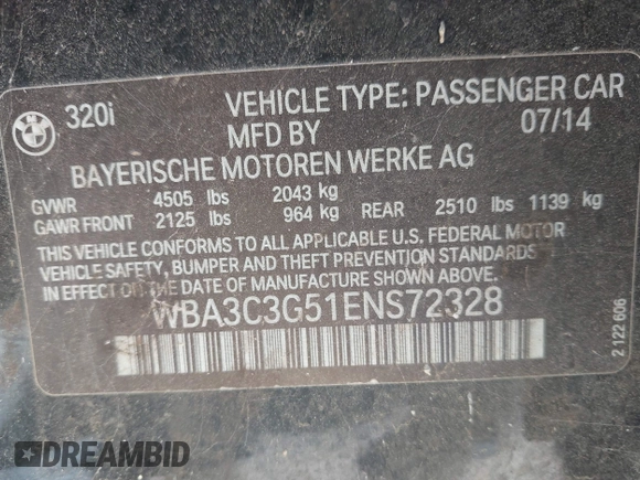 2014 BMW 3 Series 320i xDrive with VIN WBA3C3G51ENS72328, listed as a IAAI auction lot 42688762 with Not provided miles and . Bid and sale history available at DreamBid. Image 9.