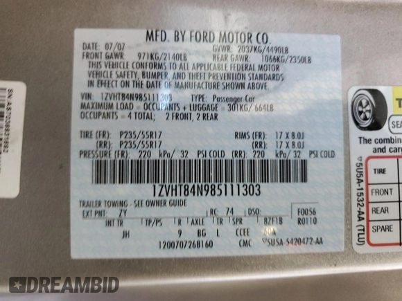 2008 Ford Mustang Deluxe with VIN 1ZVHT84N985111303, listed as a Copart auction lot 53683915 with 94,751 mi miles and Salvage Title. Bid and sale history available at carsss.com. Image 13.