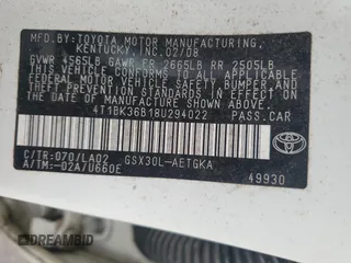 2008 Toyota Avalon XL z VIN 4T1BK36B18U294022, wystawiony jako Copart lot #50586825 z przebiegiem 11 806 mil mil oraz Szkoda całkowita • Salvage title. Historia ofert i sprzedaży dostępna na DreamBid. Obrazek 12.