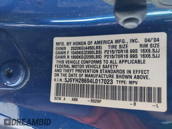 2004 Honda Element EX с VIN 5J6YH28694L017023, выставлен на аукционе IAAI как лот 42568202 с пробегом 213 020 миль миль и . История ставок и продаж доступна на DreamBid. Изображение 9.