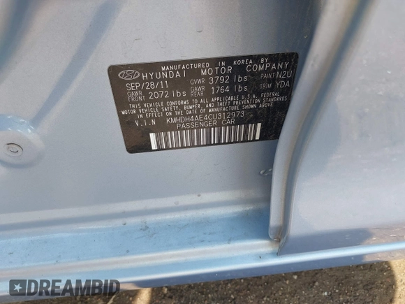 2012 Hyundai Elantra Limited with VIN KMHDH4AE4CU312973, listed as a IAAI auction lot 42453300 with 99,252 mi miles and . Bid and sale history available at DreamBid. Image 9.