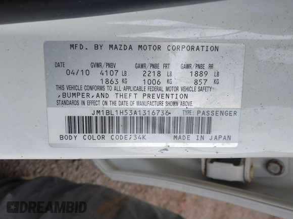 2010 Mazda 3 S Grand Touring with VIN JM1BL1H53A1316736, listed as a IAAI auction lot 41311260 with 69,317 mi miles and . Bid and sale history available at DreamBid. Image 9.