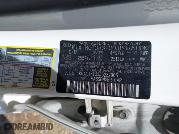 2018 Kia Optima LX with VIN KNAGT4L33J5232905, listed as a IAAI auction lot 42333610 with 111,423 mi miles and . Bid and sale history available at DreamBid. Image 9.