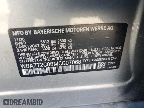 2021 BMW 7 Series 740i with VIN WBA7T2C08MCG07068, listed as a Copart auction lot 58062205 with 37,121 mi miles and Clean title. Bid and sale history available at DreamBid. Image 12.