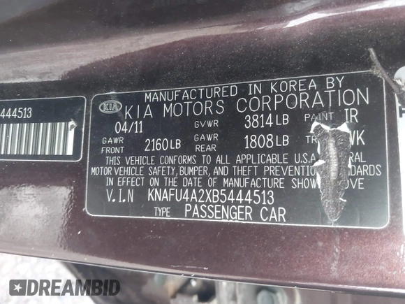 2011 Kia Forte EX with VIN KNAFU4A2XB5444513, listed as a IAAI auction lot 42002807 with 233,408 mi miles. Bid and sale history available at carsss.com. Image 9.