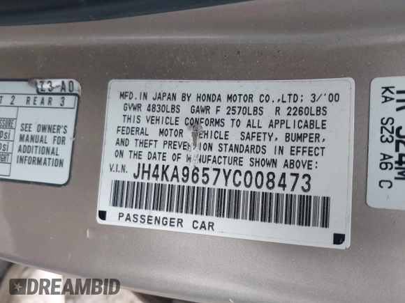 2000 Acura RL with VIN JH4KA9657YC008473, listed as a IAAI auction lot 41935155 with 216,629 mi miles. Bid and sale history available at carsss.com. Image 9.