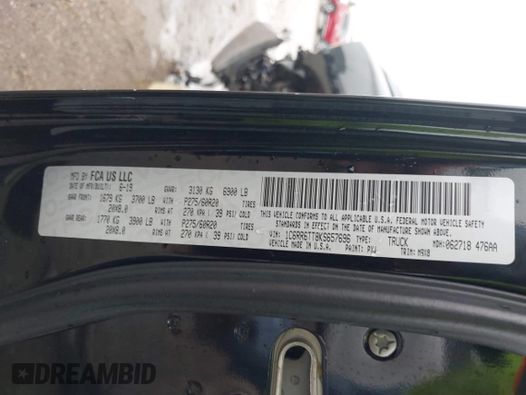 2019 Ram 1500 SLT с VIN 1C6RR6TT8KS657696, выставлен на аукционе IAAI как лот 41324189 с пробегом 100 825 миль миль и . История ставок и продаж доступна на DreamBid. Изображение 9.