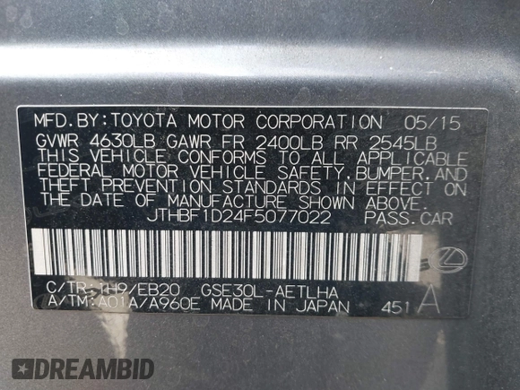 2015 Lexus IS with VIN JTHBF1D24F5077022, listed as a IAAI auction lot 41186330 with 66,969 mi miles and . Bid and sale history available at carsss.com. Image 9.