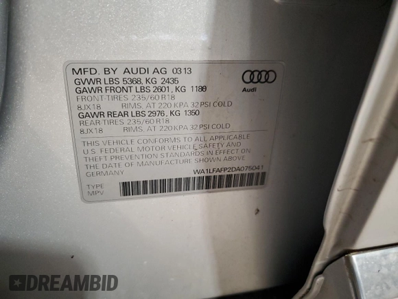 2013 Audi Q5 Premium Plus with VIN WA1LFAFP2DA075041, listed as a Copart auction lot 56167425 with 127,086 mi miles and Salvage title. Bid and sale history available at DreamBid. Image 13.
