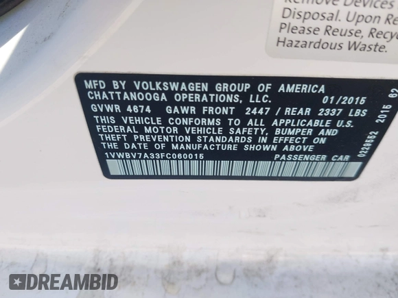 2015 Volkswagen Passat SE с VIN 1VWBV7A33FC060015, выставлен на аукционе IAAI как лот 42039292 с пробегом 52 110 миль миль и . История ставок и продаж доступна на DreamBid. Изображение 9.