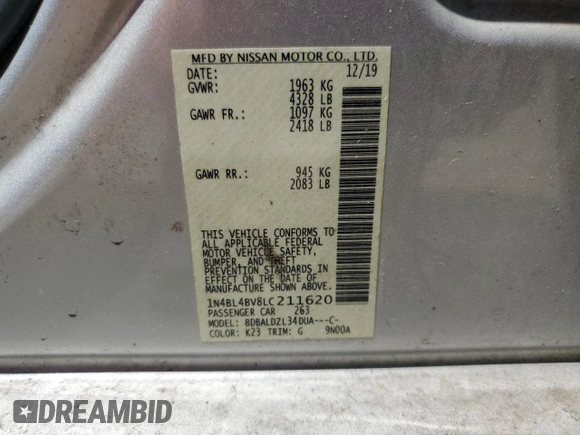 2020 Nissan Altima 2.5 S with VIN 1N4BL4BV8LC211620, listed as a Copart auction lot 50549785 with 108,668 mi miles and Salvage Title. Bid and sale history available at carsss.com. Image 13.
