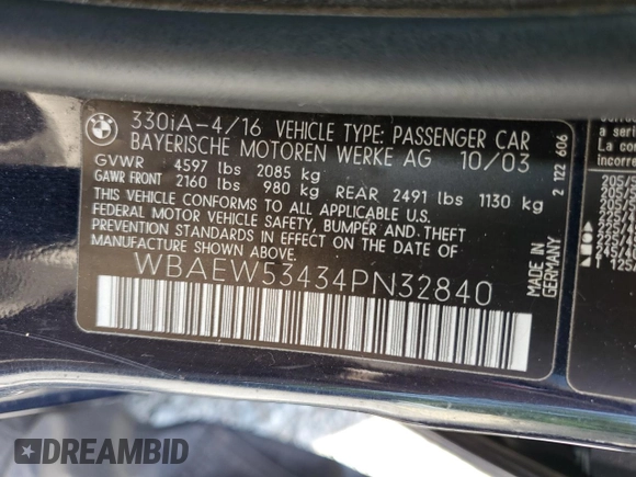 2004 BMW 3 Series 330xi with VIN WBAEW53434PN32840, listed as a Copart auction lot 57252165 with 213,458 mi miles and Clean title. Bid and sale history available at DreamBid. Image 12.