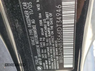 2006 BMW 7 Series 750Li z VIN WBAHN83566DT34946, wystawiony jako Copart lot #58807725 z przebiegiem 108 888 mil mil oraz Czysty tytuł • Clean title. Historia ofert i sprzedaży dostępna na DreamBid. Obrazek 12.