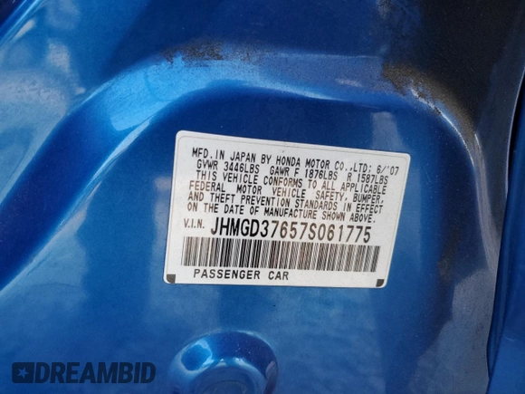 2007 Honda Fit Sport with VIN JHMGD37657S061775, listed as a Copart auction lot 69941734 with 213,944 mi miles and Salvage Title. Bid and sale history available at carsss.com. Image 12.