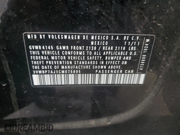 2012 Volkswagen Jetta SE z VIN 3VWBP7AJ9CM075895, wystawiony jako Copart lot #50253895 z przebiegiem 165 772 mil mil oraz Szkoda całkowita • Salvage title. Historia ofert i sprzedaży dostępna na DreamBid. Obrazek 14.