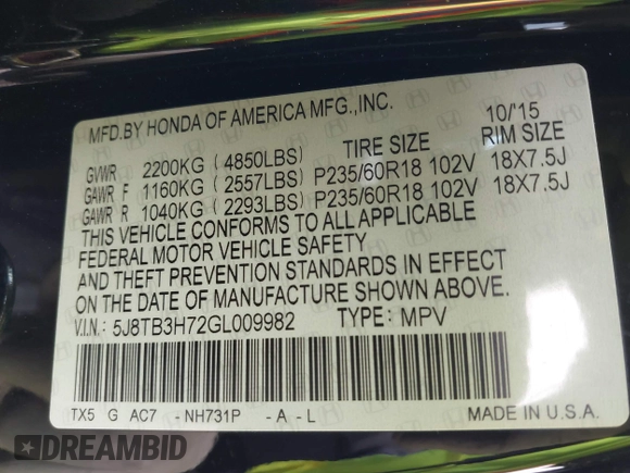 2016 Acura RDX Advance Pkg with VIN 5J8TB3H72GL009982, listed as a IAAI auction lot 41526743 with 155,910 mi miles. Bid and sale history available at carsss.com. Image 9.