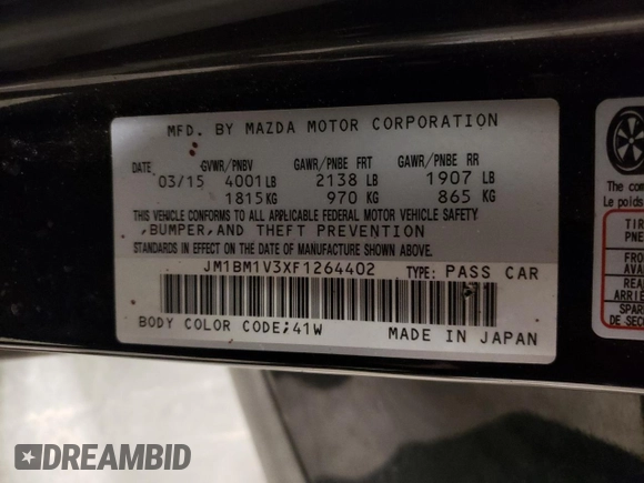 2015 Mazda 3 S Touring with VIN JM1BM1V3XF1264402, listed as a Copart auction lot 48940025 with 97,088 mi miles and Salvage Title. Bid and sale history available at DreamBid. Image 12.